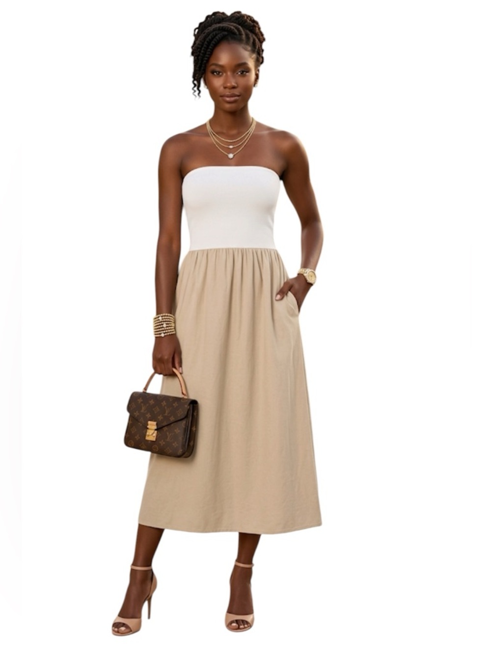 The Drop Women's Cream khaki Hellen Strapless Mixed Media Maxi Dress Medium